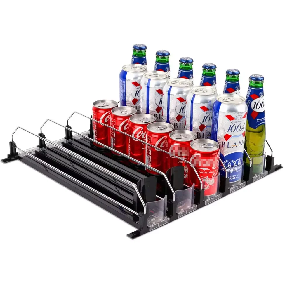 Drink Organizer Dispenser Spring Push Can Shelf Pusher Adjustable Width Soda Can Bottle Pusher E-shaped Glide for Kitchen Fridge