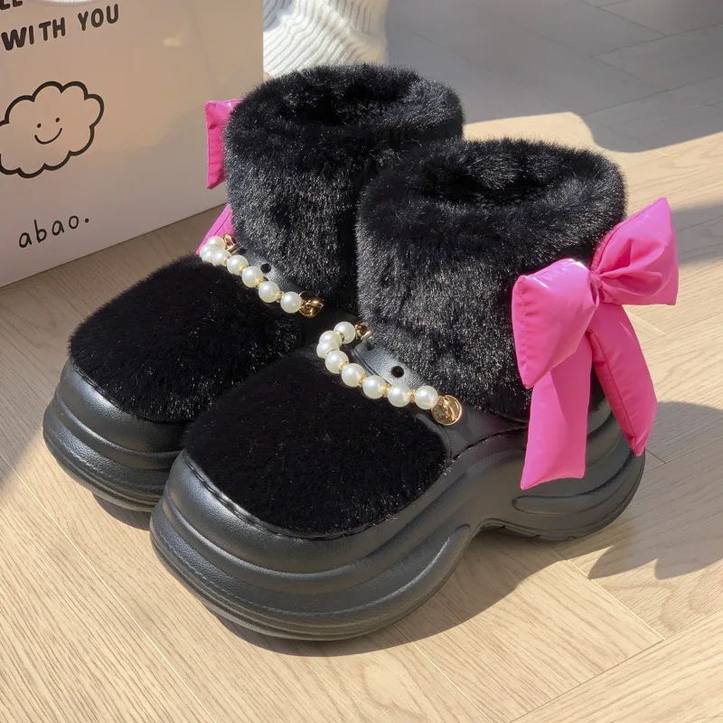 

Platform Women Snow Boots Bowknot Pearl Chain Keep Warm Furry Thick Sole Winter Footwear for Cold Weather Cotton Padded Shoes