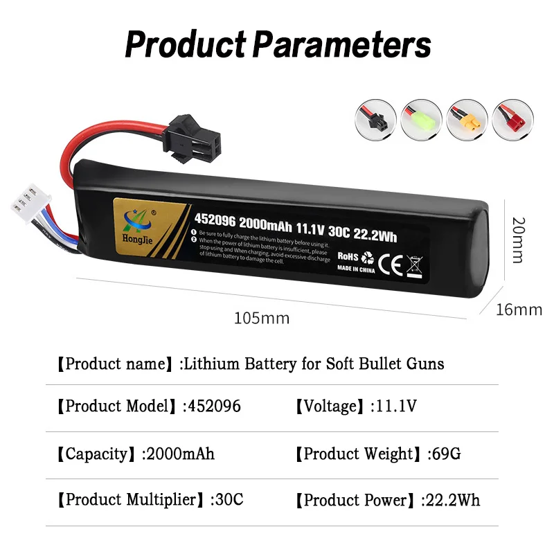 Soft Bullet Gun batteria 11.1V 2000mah 452096 Lipo batteria 30C XT30/T/SM per softair Bb pistola ad aria giocattoli elettrici pistole ad acqua parti