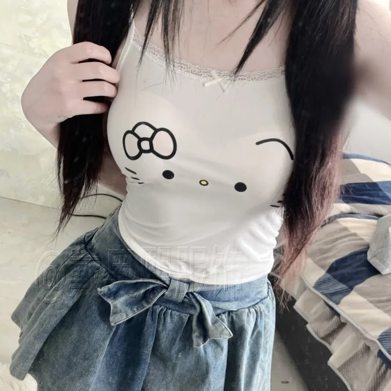 Cute Slim Fit Camis Tops for Women Hello Kitty White Express Printed Tank Tops with Lace Soft Camisole Vest, Sexy Short Clothes