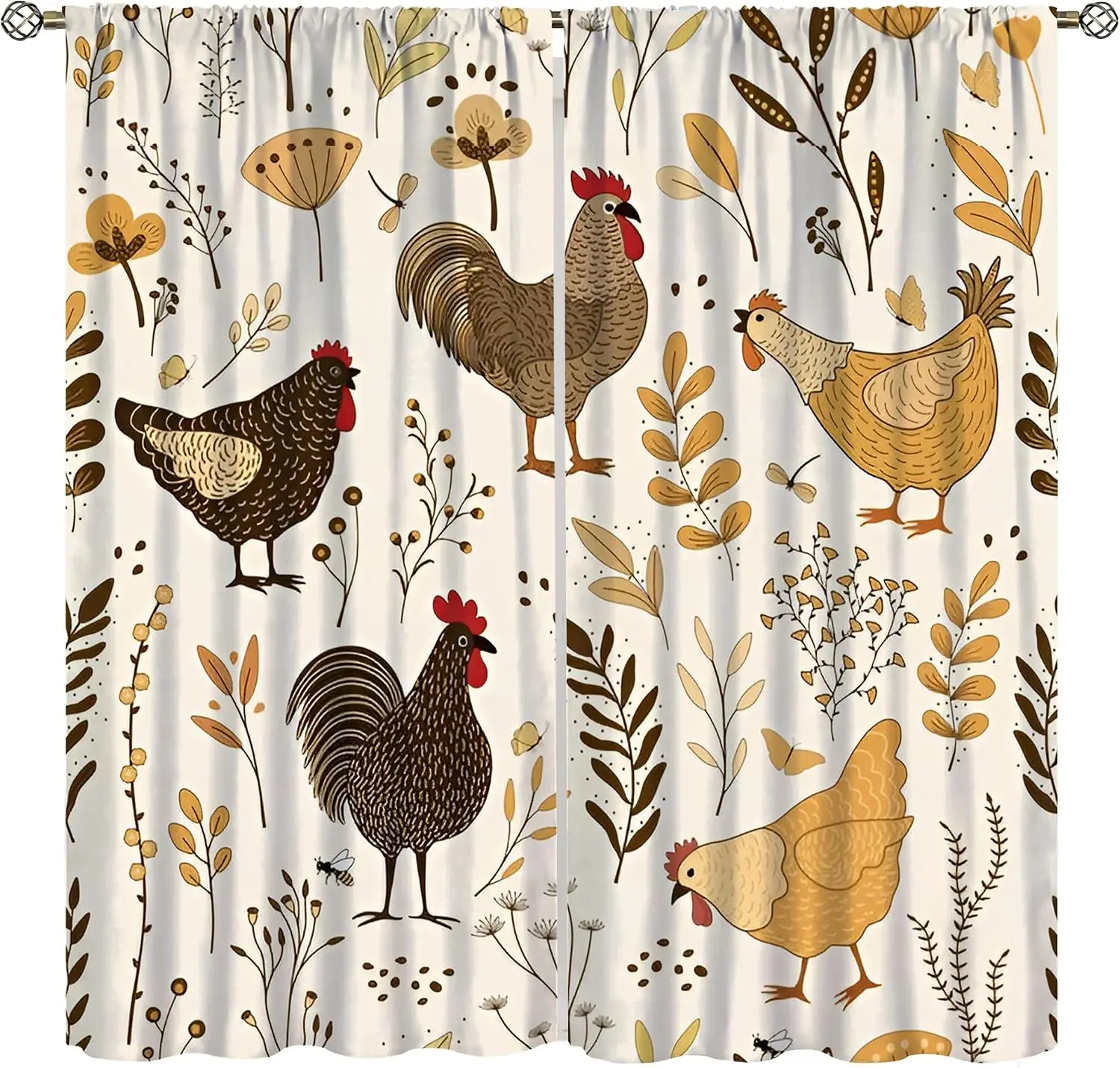 Farm Rooster Hen Floral Curtain Panels, Warm Tone Hand Drawn Chicken Leaf Butterfly Rural Print Drapes for Kitchen Dining Decor