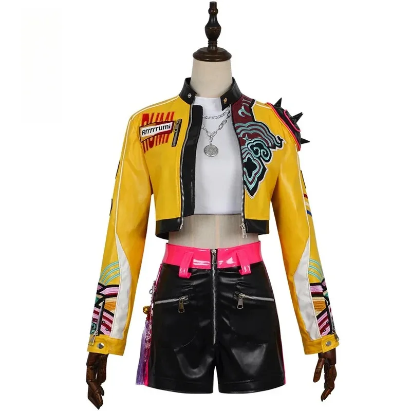 

2025 11 KPop Demon Hunters Rumi Cosplay Costume Embroidery Yellow PU Leather Jacket Huntrix Uniform Earrings Props Halloween Par