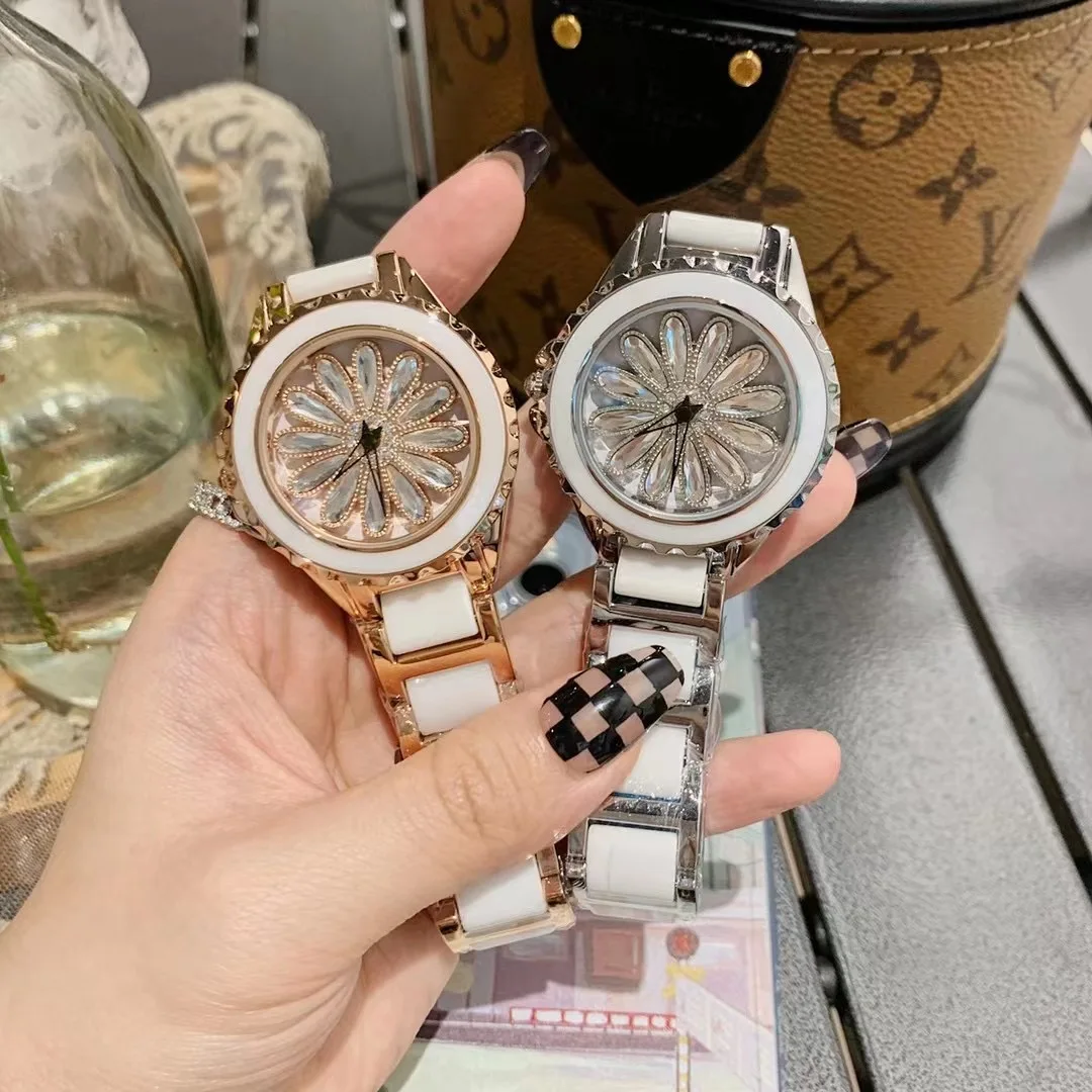 

Spinning Daisy Flower Watches Women Blingbling Crystals Wrist watch Big Size Real Ceramic Bracelets Watch Quartz Zircons Clocks