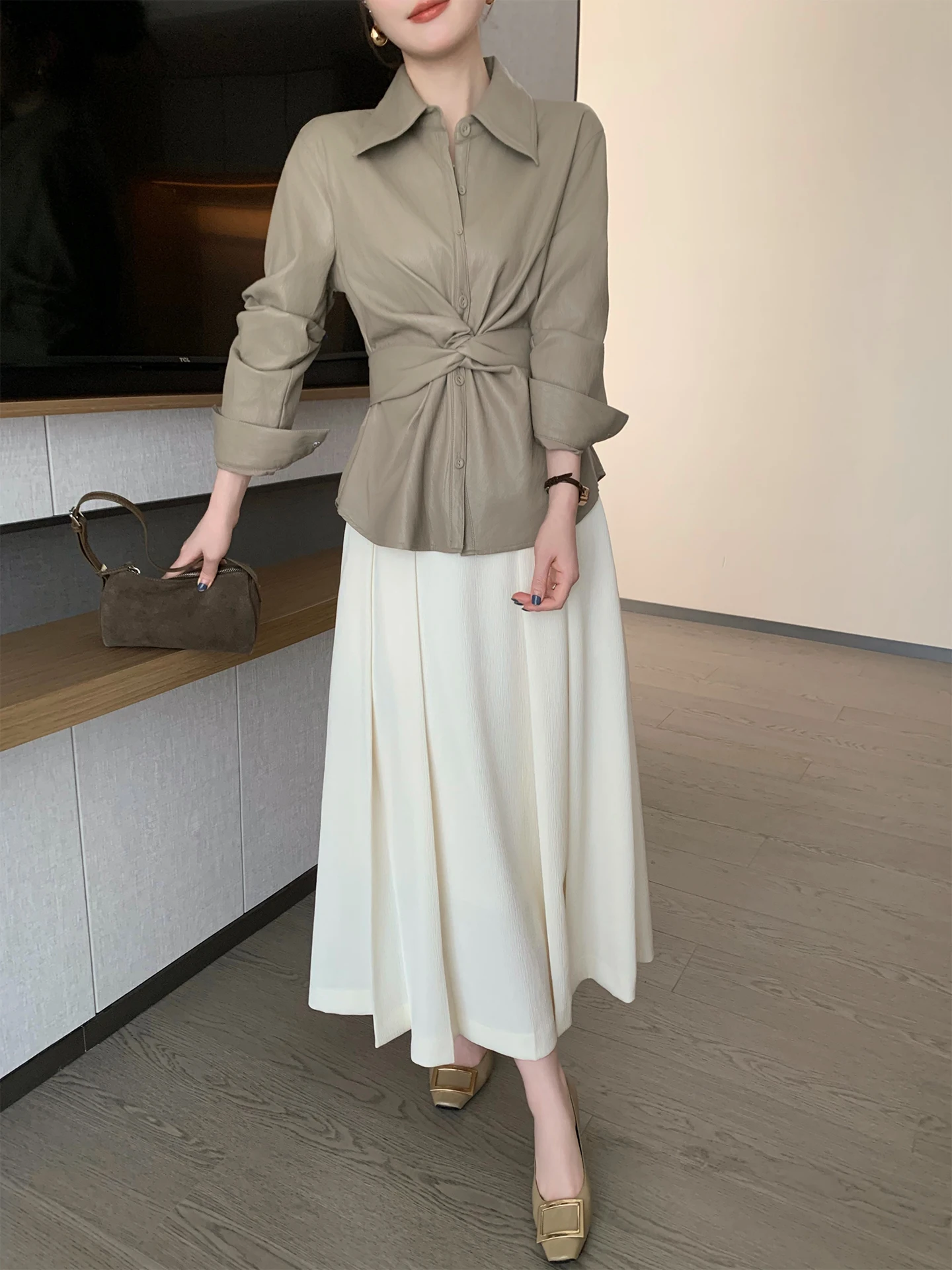 Giacca in Pelle PU Kaki a Maniche Lunghe con Colletto, Nuova Collezione Autunno 2025, da Donna, con Cintura, Effetto Snellente, alla Moda, per il Pendolarismo