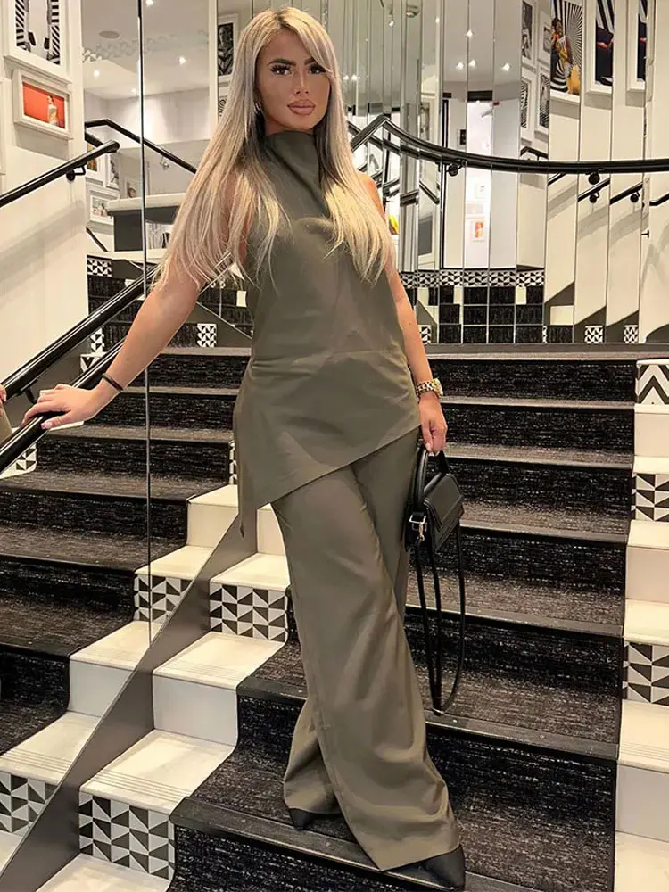 2025 New Fashion Female Long Pant Sets Backless Sexy Halter Camis Top + Elastic Waist Woman Straight Wide Leg Trousers
