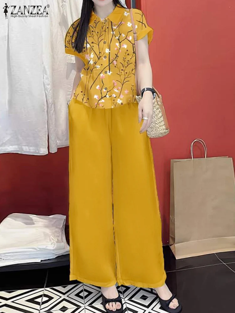 ZANZEA สั้น SeeveSets ผู้หญิงวินเทจพิมพ์เสื้อกางเกงขายาวชุด 2025 ฤดูร้อนชุดลําลอง Elegant OL ทํางานชุดการจับคู่