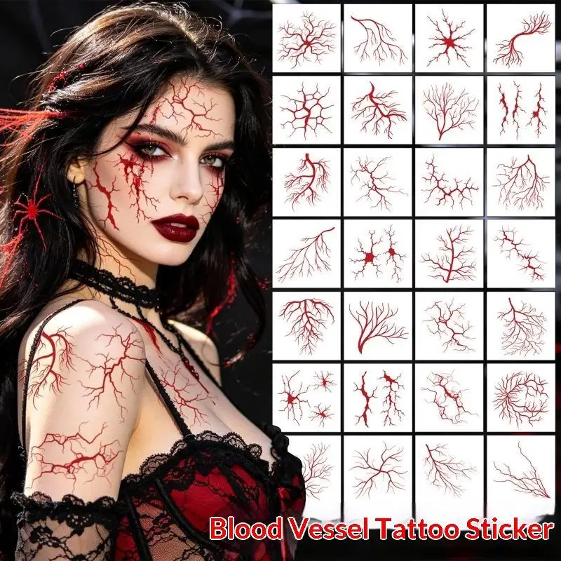 30 Sheets Realistic Red Vein Face Tattoo Sticker Large Halloween Blood Bolt Body Art Decal for Cosplay Party Horror Makeup