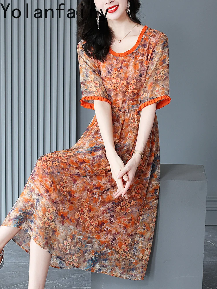 YOLANFAIRY Summer Dresses for Woman 2025 Elegant Chiffon Floral Dress Korean Style Women's Dresses Orange Color Women Dress