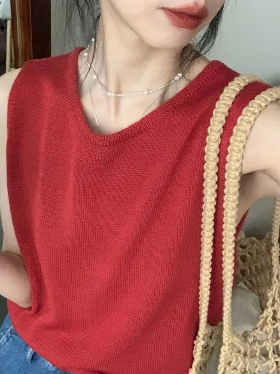 Summer New Hollow out Knitted Slim Fit Vest Women's Thin Style Exposing Back Outerwear Sleeveless Top Pure Desire Style
