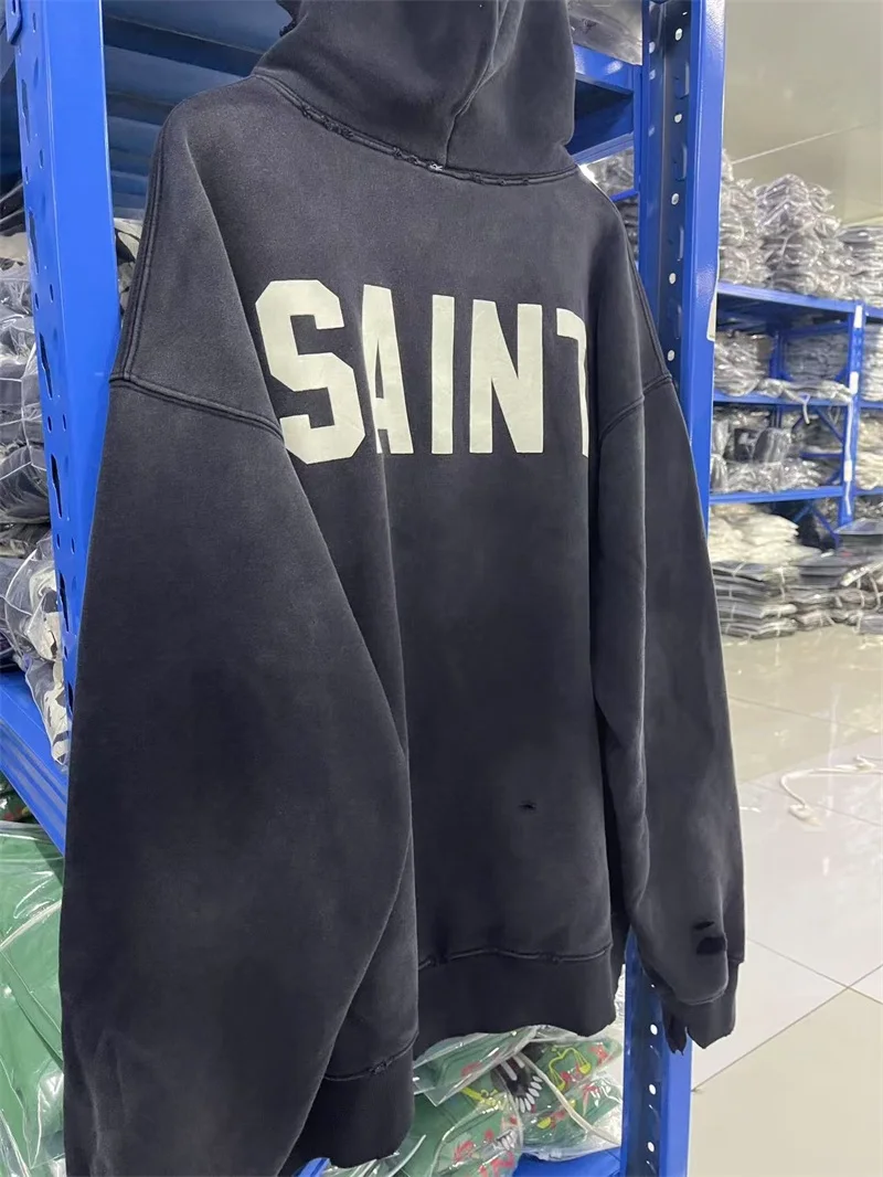 Black Saint Michael Men's Sweatshirts SAINT Logo Letter Printing Destroy Washed Oversized Casual Hoodies