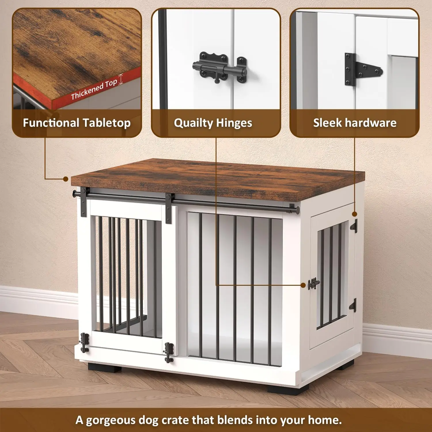 Decorative Modern Dog Crate End Table Barn Door Puppy Kennel Wooden Dog Crate Furniture