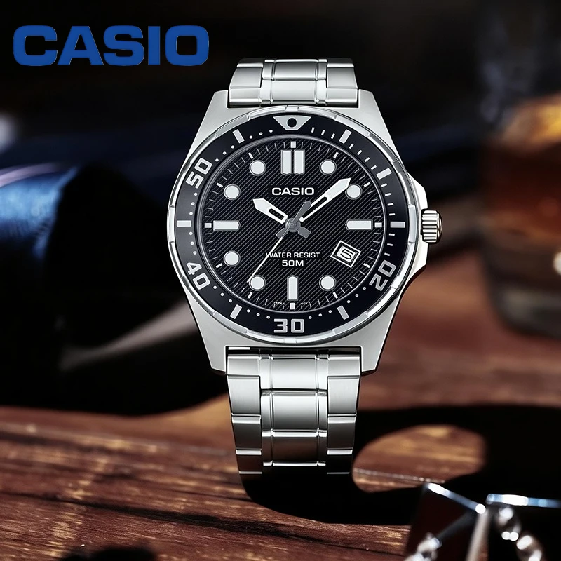 Casio MTD-135D Series Men Analog Quartz Wristwatch 4 Colors Diver Style Stainless Steel Band 50M Waterproof Luminous Date Watch