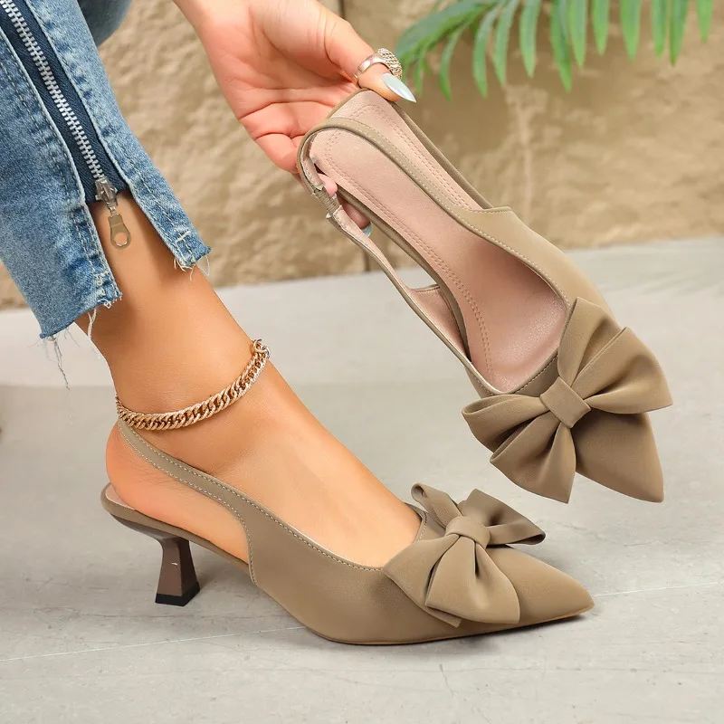 

Модные фланелевые босоножки с острым носком, низким вырезом и бантом, на шпильке