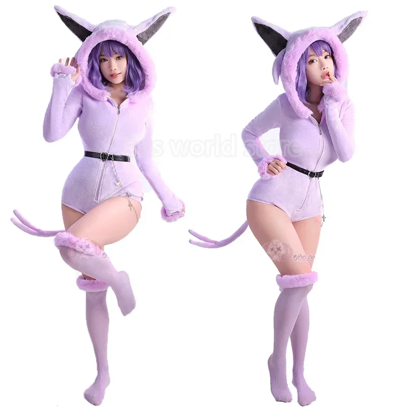 Disfraces de Cosplay de Anime Espeon para mujer, traje Sexy con capucha, calcetines de cola, pijamas de franela de dibujos animados, mono de felpa para chica conejito