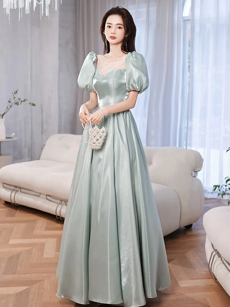 Mint Classic Satin Evening Dress Elegant Square Neck Puff Sleeve Lace Up Prom Vesido A-Line Simple Formal Banquet Long Dresses