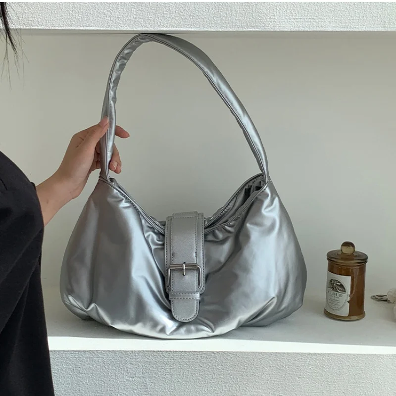 2025 Korean Style Buckle Foldable Space Cotton Shoulder Bag Women New Fashion Pleated Soft Handbag High-end Underarm Bags Wallet