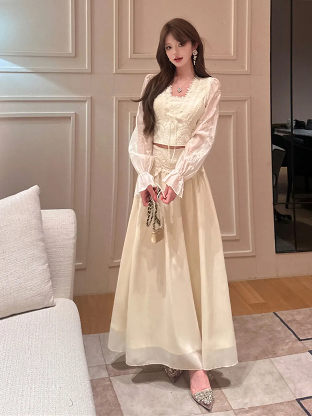 

Ele Lace Top And High Waist Skirt Two Piece Set Gentle Sle Spring Faion Outfit Comfortable ort Sve V Ne T irt