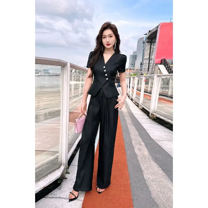 25 year fashion summer new set temperament short sleeved top+high waist wide leg pants two-piece set trendy