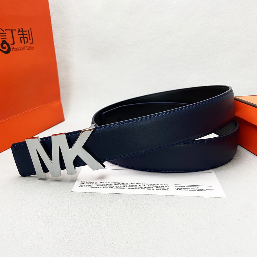 حزام رسمي للرجال Premium 2025 - حزام من الجلد الطبيعي باللون الأزرق الداكن مع إبزيم فضي مصقول + طقم عرض برتقالي