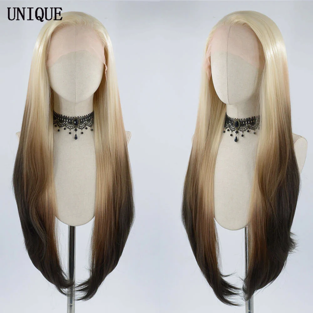 UNIQUEWIG Ombre Blonde Straight Wig Glueless Synthetic Lace Front Wigs for Women Long Heat Resistant Lace Synthetic Wig Cosplay