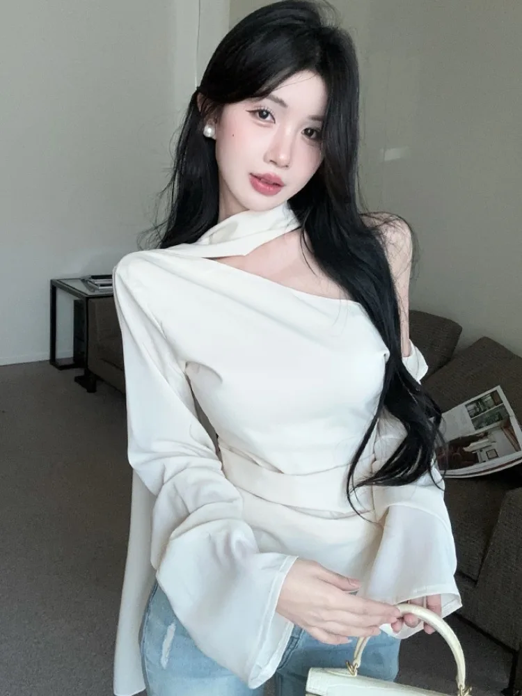 

Elegant Long Sleeve Chiffon Shirt Women's Slim Fit Shoulder Bared Base Top City Walk Spring Summer Fashion Polka Dot Pattern
