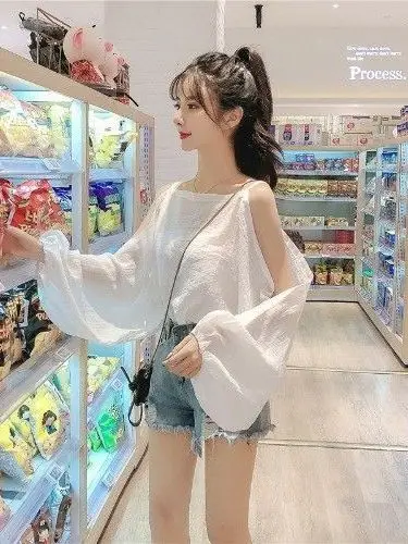 

Trendy Loose Thin Chiffon One-Shoulder Shirt Women's Cute Style Casual Long Sleeve Breathable Comfortable Airy Fashionable