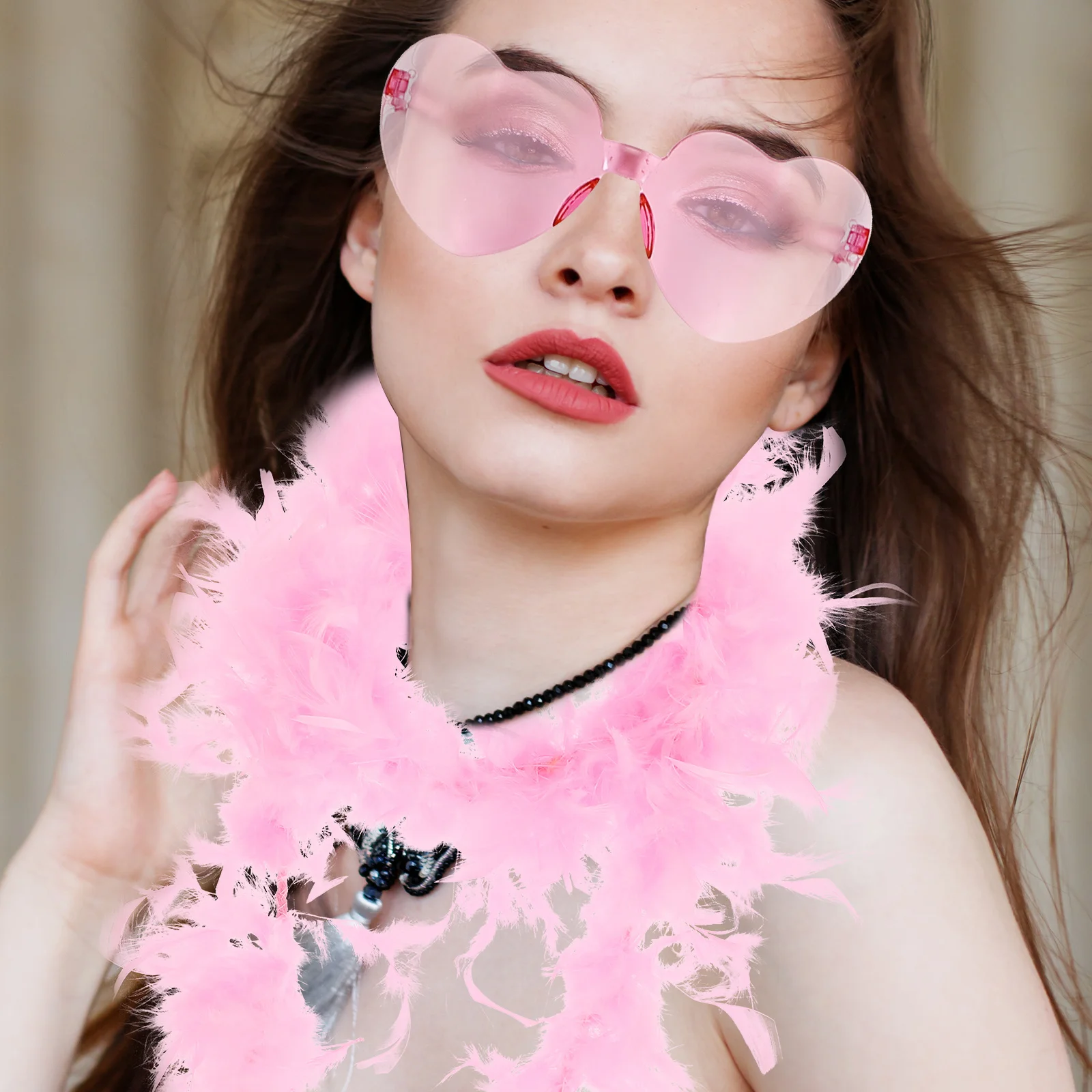 

1 set 1 Set Women Boa Glasses Pink Scarf Heart Rimless Sunglasses Fashion Party Costume Props For Birthday Prom Dancing