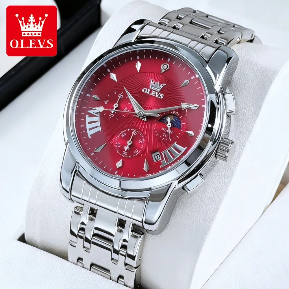 OLEVS Top-Marke Herrenuhren, wasserdicht, feiner Stahl, Original-Quarz-Armbanduhr für Herren, leuchtender Mondphasen-Chronograph, Datum 2892
