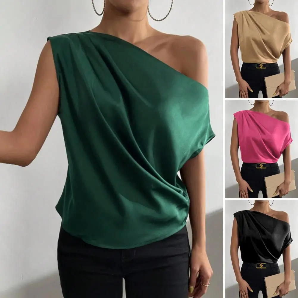 

Women Casual Shirt Irregular Off-Shoulder Boat Collar Top Sleeveless Simulated Silk Blouse Smooth Satin Dating Tops