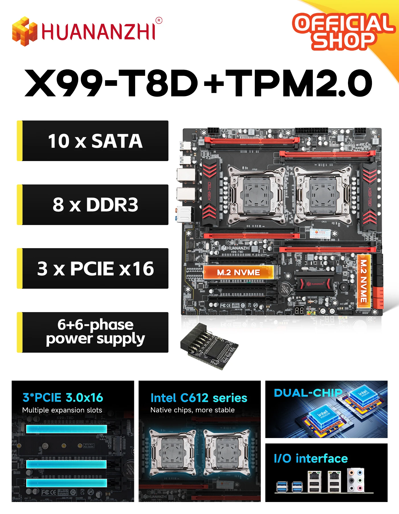HUANANZHI X99-T8D+TPM 2.0 Motherboard LGA 2011-3 DDR3 E-ATX Dual-processor