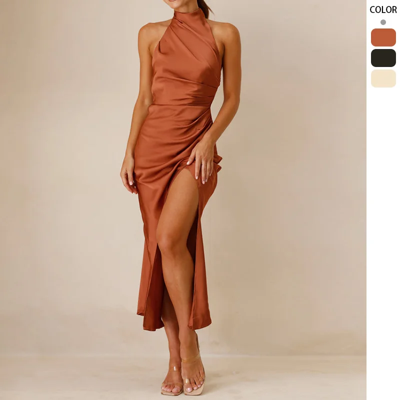 

2025 New Product Women's Open-Back Sexy Elegant Dress Solid Color Halter Neck Medium-Length Dress European and American Styl