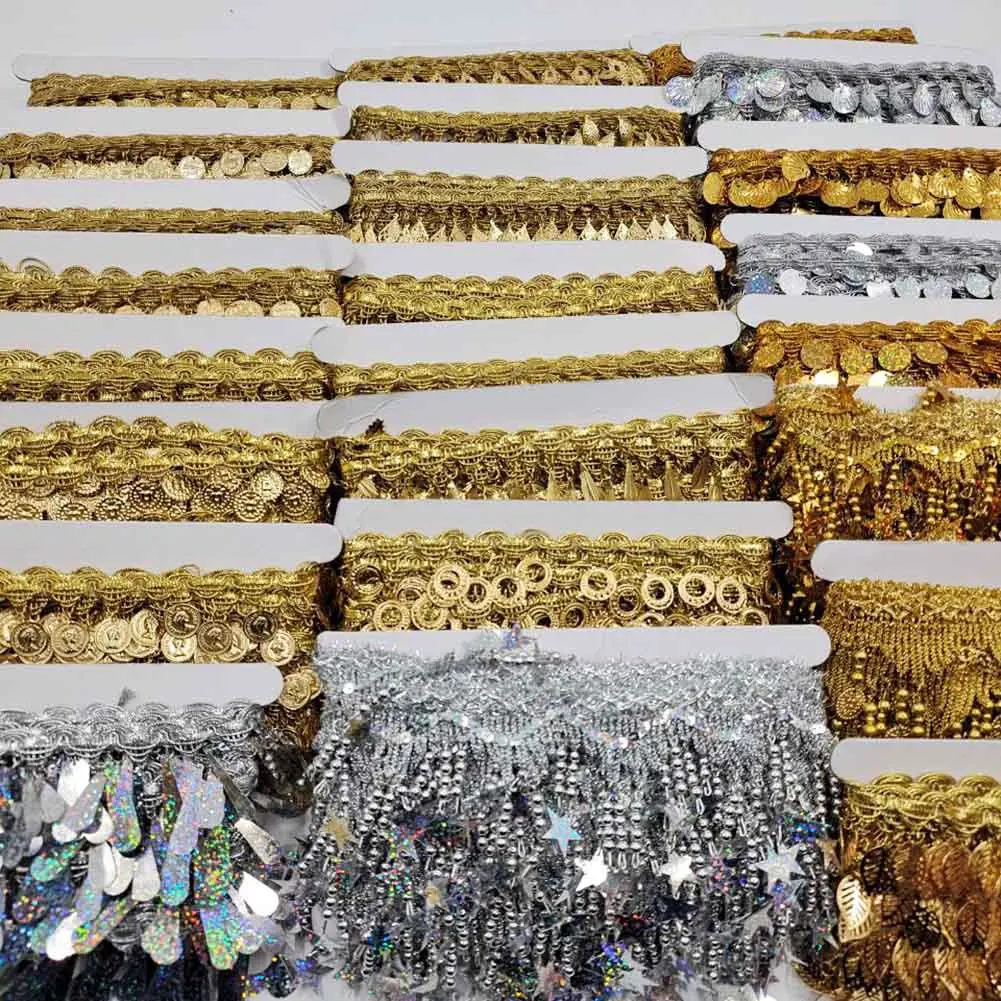 9yard Braided Gold Silver Lace Fringe Sequins Paillette Tassel Ribbon Stage Performance Suits Wedding Dress Sewing Fabric Decors