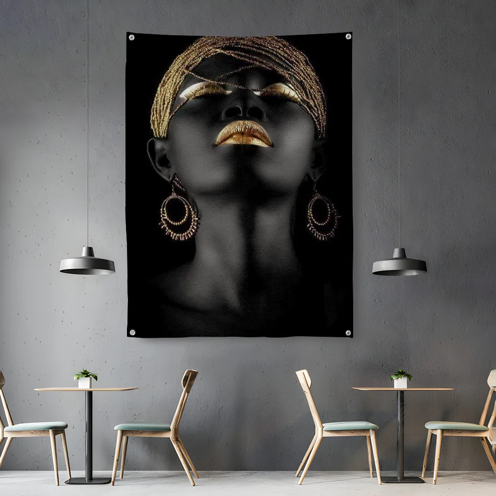 

African Art Black Gold Woman Flag Bedroom Living Bar Garden Outdoor Microfiber Festival Decoration Background Art Banner