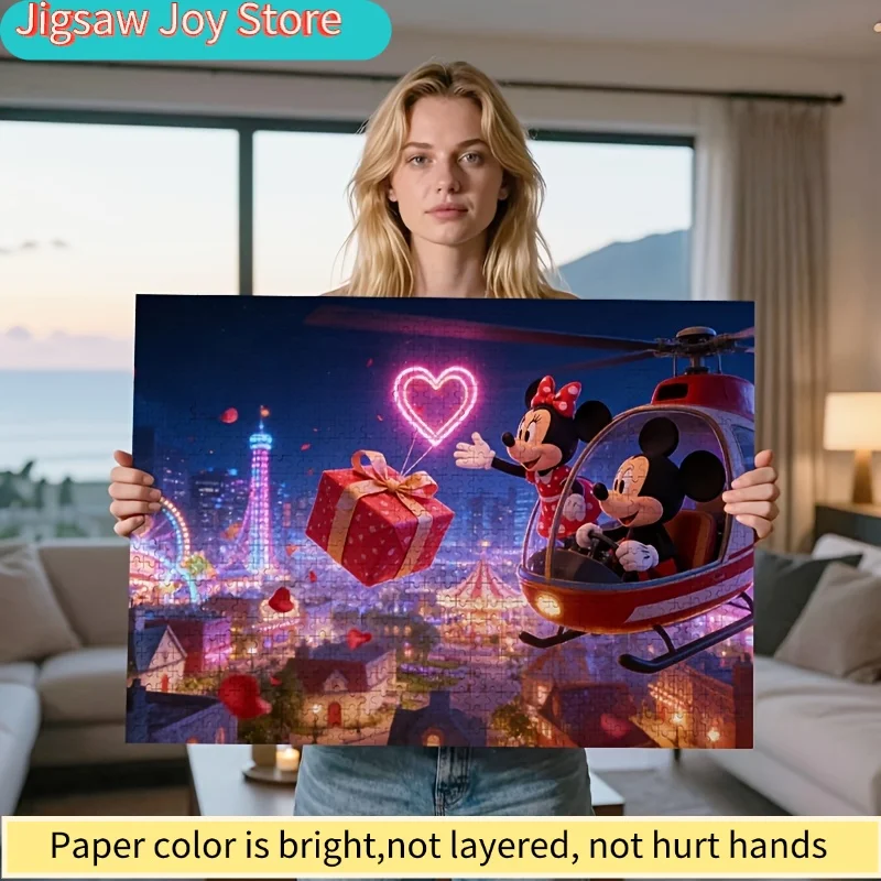 

2D Flat, 1000pcs Disney Mickey Minnie Helicopter Heart Gift Box City Night Romantic Valentine Gift Jigsaw | Frameless, Suitabl