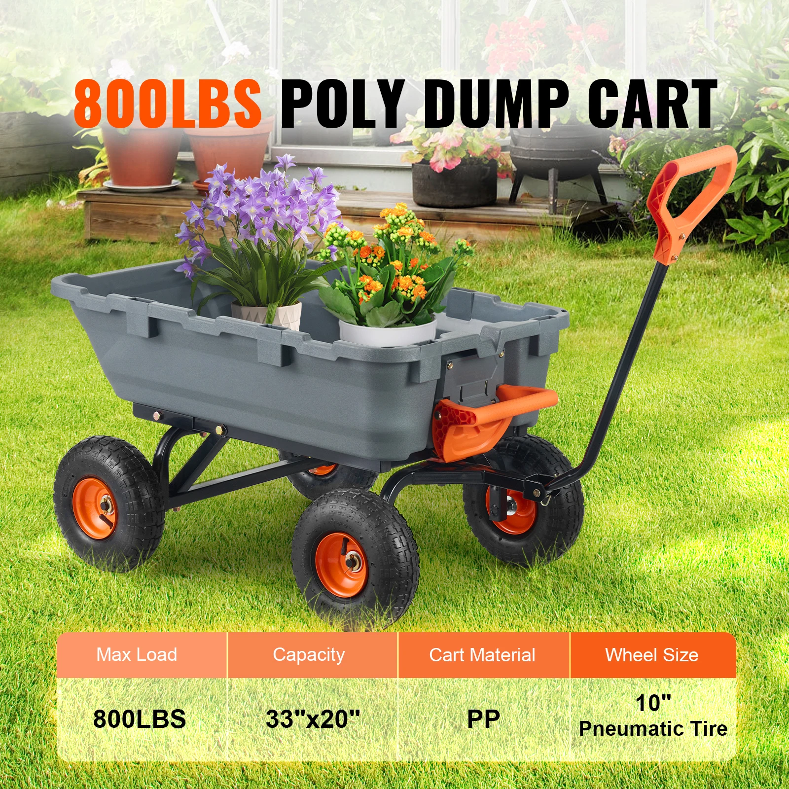 Garden Cart, Handy Wheelbarrow with 800 lbs Load Capacity, 10 inch Wheels, Durable Poly Dump Cart with Simple Assembly Steel Structure, Versatile Dump Wagon with Dual-Function Handle