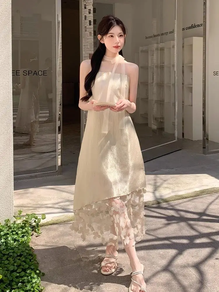 

French Elegant Gentle Style Flower Splicing Dress Women 2025 Summer New Niche Temperament Mesh Sleeveless Long Skirt