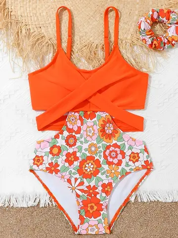2025 인쇄 중공 크로스 소녀 수영복 원피스 어린이 수영복 여성 어린이 Bathers 수영복 수영 수영복 Beachwear