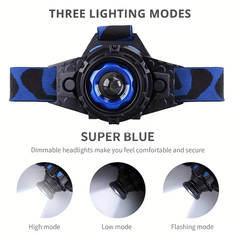 LED Zoomable Headlamp 3 Modes Rechargeable Super Bright Headlight Adjustable Focus Flashlight for Camping Hiking Fishing