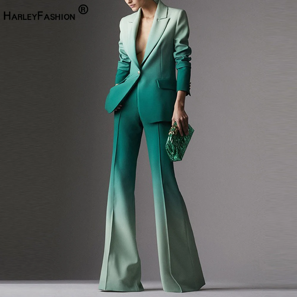 

Luxury Design Tall Women Street 2PCS Blazer Suits Gradient Green Color Eye-catching Flare Pants Sets