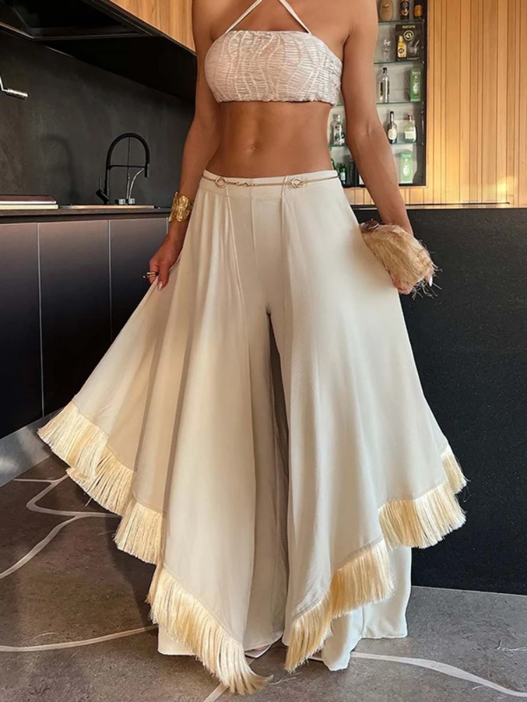 Neue Sommer-Damenhose: Lässige, Weite Schlaghose mit Quastenverzierung, Elegante Büro-Hose für Frauen (Nur Hose)