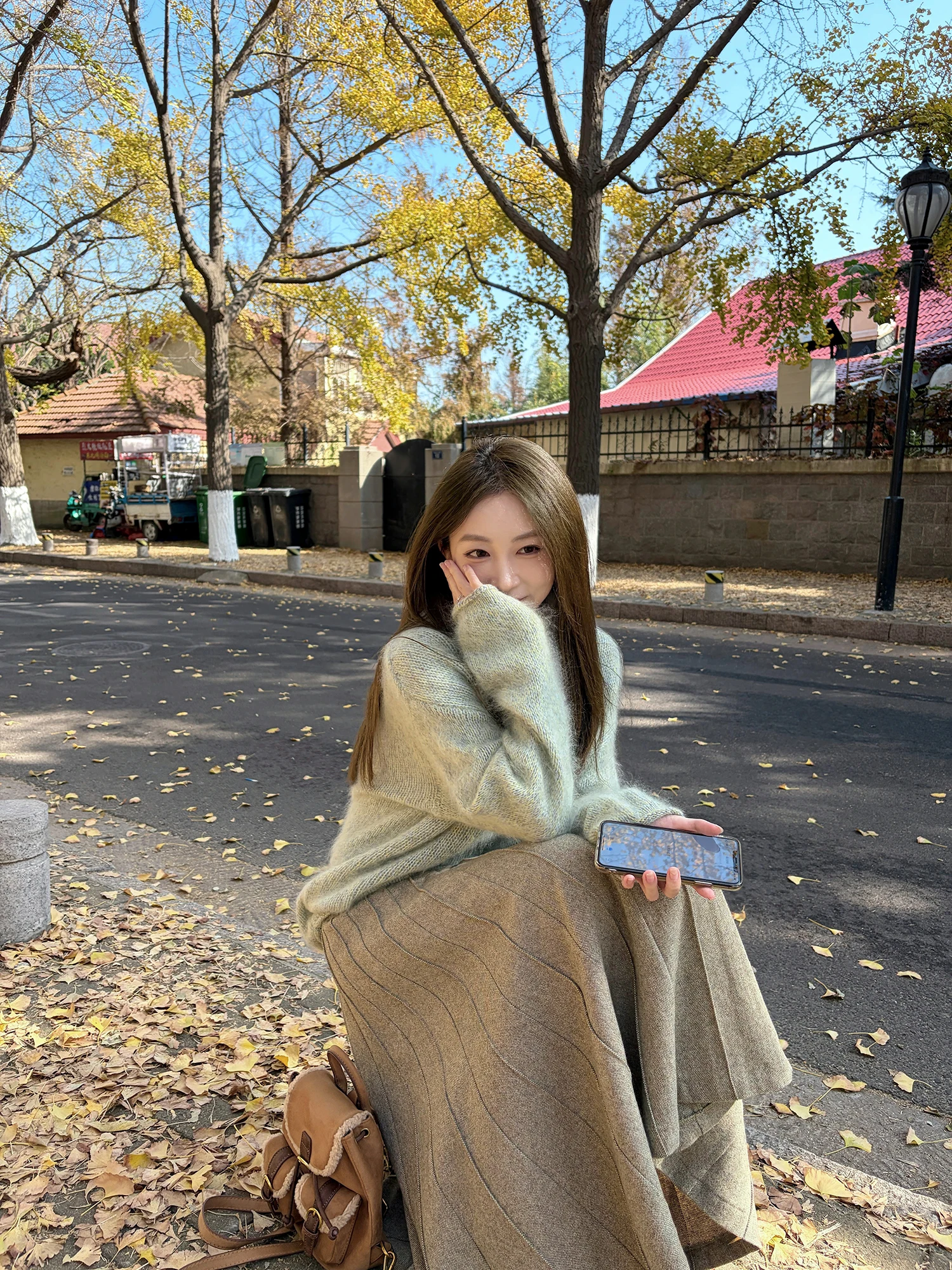 

Korean Sle A-Line Skirt Heavy Wool Hand-Crinkled Women's Faion Autumn Winter Vintage Versatile Midi Skirt with kets