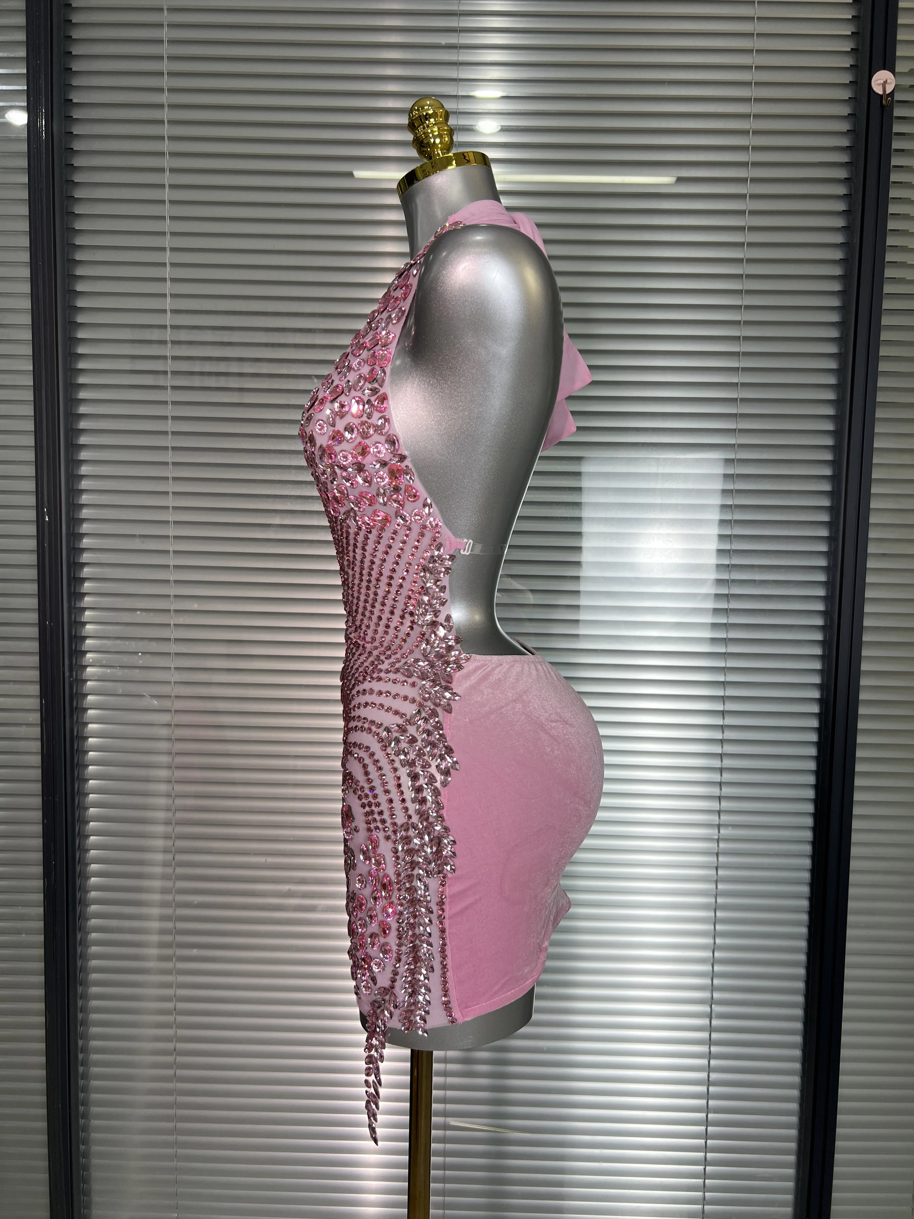 Celebrity New Women Sexy Pink Mesh Halter Stage Performance Costume Dancer Singer Night Club Mini Party Dress