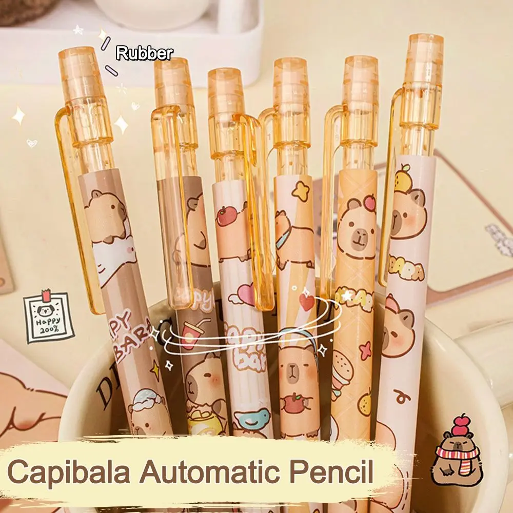 6pcs 0.5mm Capybara Mechanical Pencil with Eraser Drawing Writing Tool Propelling Pencil Press Movable Pencil