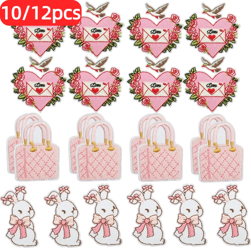 

10/12pcs Wholesale Pink Love Letter Embroidery Patches Cute Bow Bear Heart Iron on Appliques for Clothing DIY Girls Gift