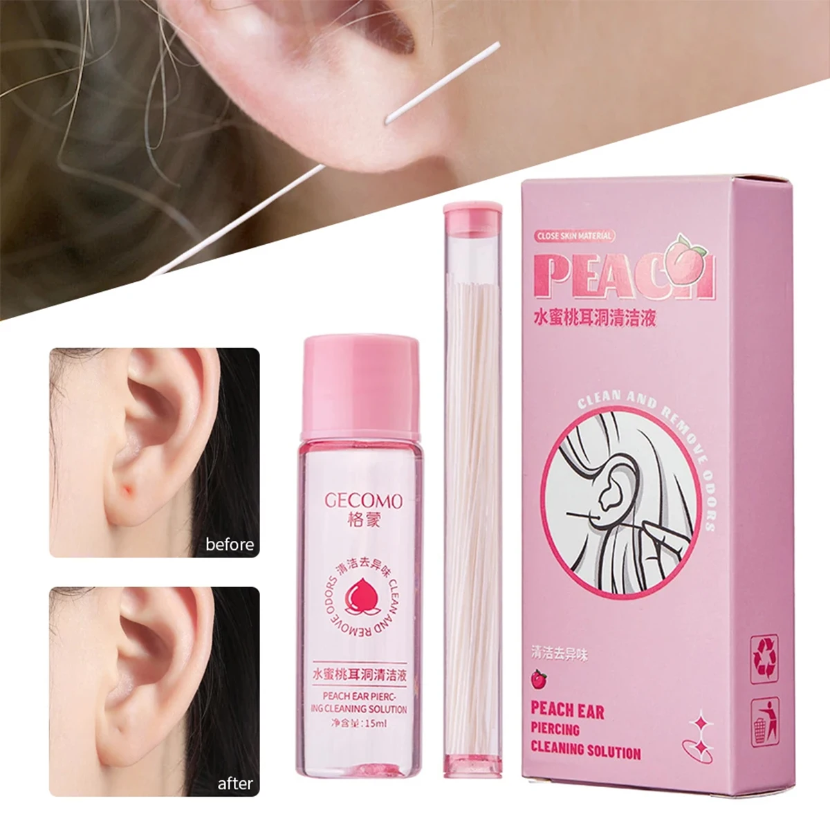 Pierced Ear Cleaning Set Solution Peach Flavor Floss Cotton Thread Ear Hole Aftercare Tool Kit Disposable Earrings Hole Cleaner