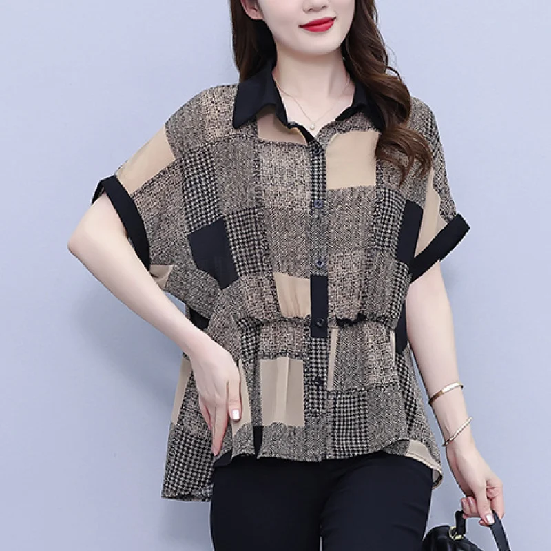 Women Summer Fashion Loose Large Size Appear Thin Plaid Turn-down Collar Short Sleeve Chiffon Shirts Ladies Casual Trend Top Tee