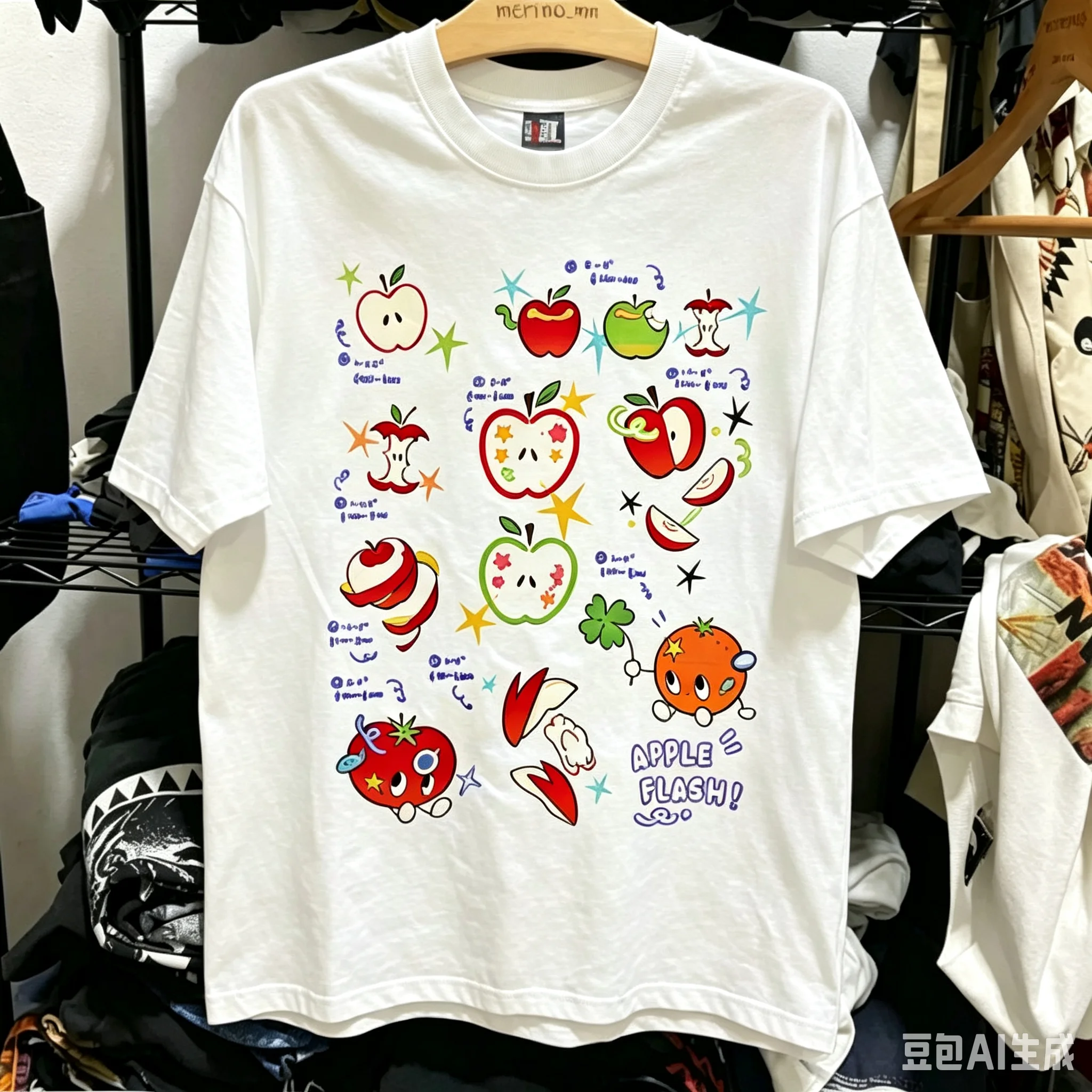 Y2K Oversized Tee Hand Drawn Cartoon Apple Doodle Collage Print Star Clover Soft Washed Cotton Unisex Loose Street T Shirt White