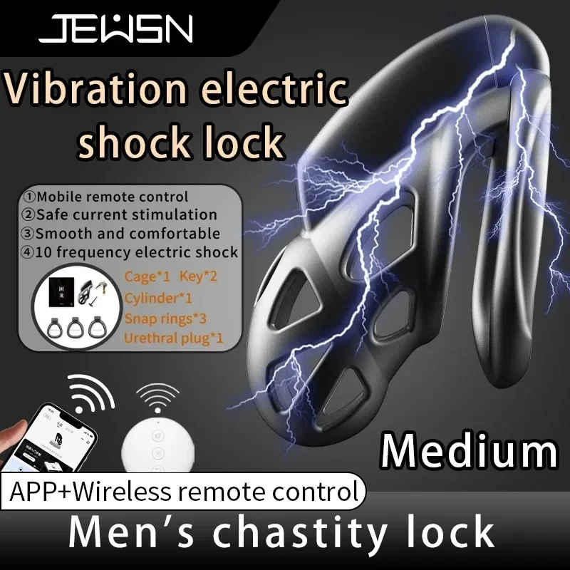 JEUSN Electric Shock Remote Control Chastity Lock with Penis Cage 3 Adjustable Rings Abstinence Training Adult Sex Toy 10 Modes