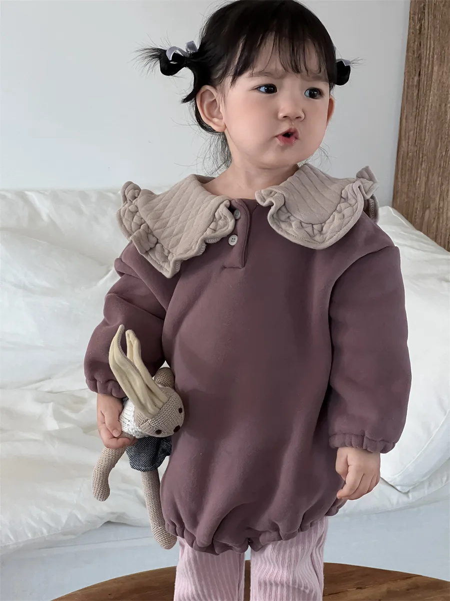 2024 Winter New Baby Girl Plus Velvet Thick Bodysuit Long Sleeve Newborn Toddler Cute Lapel Fleece Jumpsuit Solid Infant Clothes