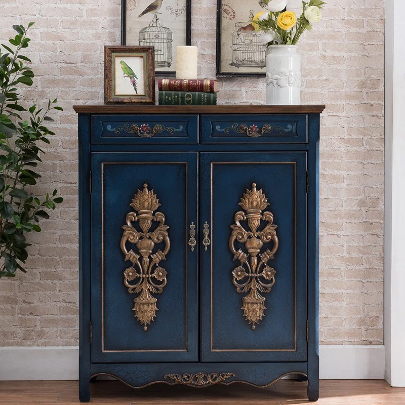 #Factory wholesale American shoe cabinet two buckets two door cabinet retro old blue solid wood storage locker carved furniture